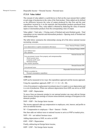 230
Managerial Economics Disposable Income = Personal Income - Personal taxes
17.3.11 Value Added
The concept of value added is a useful device to find out the exact amount that is added
at each stage of production to the value of the final product. Value added can be defined
as the difference between the value of output produced by that firm and the total
expenditure incurred by it on the materials and intermediate products purchased from
other business firms. Thus, value added is obtained by deducting the value of material
inputs or intermediate products from the corresponding value of output.
Value added = Total sales + Closing stock of finished and semi-finished goods - Total
expenditure on raw materials and intermediate products - Opening stock of finished and
semi-finished goods
The table below summaries the relationships among all of the above national income
accounting concepts.
Gross National Product (GNP)
Less depreciation or capital consumption allowances
Net National Product (NNP)
Less indirect taxes
Plus subsidies
National Income (NI)
Less government income from property and entrepreneurship
Social security taxes
Corporate profit taxes
Retained earnings
Plus transfer payments
Personal Income (PI)
Less personal taxes
Disposable Personal Income (DPI)
Which is available for
Personal consumption expenditure
A Review
GDP can be measured in two ways: the expenditure approach and the income approach.
Using the expenditure approach, GDP = C + I + G + (X - M).
A lot of investment is replacement investment since it is made to cover depreciation and
is a cost of production. When one subtracts depreciation from GDP, one arrives at NDP
NDP = GDP - Depreciation
To move from net domestic product to net national product one must add net foreign
factor income (foreign earnings of citizens minus domestic earnings of foreigners) to net
domestic product
NNP = NDP + Net foreign factor income
The income approach adds up compensation to employees, rent, interest, and profits to
arrive at national income.
NI = Compensation to employees + Rent + Interest + Profits
One then adds net indirect taxes to national income to arrive at NNP at market price.
NNP = NI + net indirect business taxes
Adding depreciation to NNP, we arrive at GNP.
GNP = NNP + Depreciation
Finally, subtracting net foreign factor income,
GDP = GNP – Net foreign factor income
 