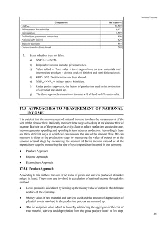 233
National Income
3. State whether true or false.
a) NNP= C+G+X+M.
b) Disposable income includes personal taxes.
c) Value added = Total sales + total expenditure on raw materials and
intermediate products - closing stock of finished and semi-finished gods.
d) GDP= GNP+ Net factor income from abroad.
e) NNPMP
=NNPFC
+ Indirect taxes - Subsidies.
f) Under product approach, the factors of production used in the production
of a product are added up.
g) The three approaches to national income will all lead to different results.
17.5 APPROACHES TO MEASUREMENT OF NATIONAL
INCOME
It is evident that the measurement of national income involves the measurement of the
size of the circular flow. Basically there are three ways of looking at the circular flow of
income. It arises out of the process of activity chain in which production creates income,
income generates spending and spending in turn induces production. Accordingly there
are three different ways in which we can measure the size of the circular flow. We can
measure it either at the production stage by measuring the value of output or at the
income accrual stage by measuring the amount of factor income earned or at the
expenditure stage by measuring the size of total expenditure incurred in the economy.
l Product Approach
l Income Approach
l Expenditure Approach
17.5.1 ProductApproach
According to this method, the sum of net value of goods and services produced at market
prices is found. Three steps are involved in calculation of national income through this
method:
l Gross product is calculated by sensing up the money value of output in the different
sectors of the economy.
l Money value of raw material and services used and the amount of depreciation of
physical assets involved in the production process are summed up.
l The net output or value added is found by subtracting the aggregate of the cost of
raw material, services and depreciation from the gross product found in first step.
Components Rs in crores
GNPMP 51,589
Indirect taxes less subsidies 8,671
Depreciation 3,589
Profits from government enterprises 896
National debt interest 629
Transfer payments 864
Current transfers from abroad 769
 