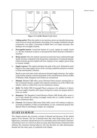 31
Demand Analysis
Figure 3.5: LaSalle Market Cycle Curve
i. Falling market: When the market is moving down, prices are typically decreasing,
stock levels are rising and demand is decreasing. For example combined with past
construction, new space is becoming available that is no longer necessary, thus
leading to an oversupply situation.
ii. Oversupplied market: Around the bottom of a cycle, signals are usually mixed
i.e., the rate of decrease in prices is slowing but the future direction of demand is
uncertain.
iii. Rising market: Once the market's upward movement has been confirmed through
steady increases in demand (with strong future expectations of continued demand,
robust economic growth coupled with slow response of new supply), prices being
to increase steadily.
iv. Supply response: The market anticipates the peak of the cycle. Demand for stock
begins to slow, large supply of new stock is nearing completion and prices continue
to climb until demand is satisfied.
Based on past real estate trends and present demand supply dynamics, the market
cycle position of prime commercial property in the central business districts (CBD)
of Mumbai, Delhi, Bangalore and Chennai are summarized.
v. Mumbai: Mumbai CBD office sector (Nariman Point) remains restrained due to
lack of demand stimulus coupled with corporate relocation out of the CBD to the
suburbs, which is evident from very low transaction volumes.
vi. Delhi: The Delhi CBD (Connaught Place) continues to be subdued as it factors
the excess supply of quality office space arising due to many new projects about to
come on stream.
vii. Bangalore: The Bangalore Central Business District (MG Road) office sector is
yet to fully absorb the existing oversupply mainly due to a sizably inventory of
prime commercial space.
viii. Chennai: The Chennai CBD (Anna Salai) office sector will continue to adjust to
increased availability of office accommodation, as new commercial projects like
Spencer Plaza II and Raheja Complex are completed.
3.5 LET US SUM UP
This chapter presents the economic concept of demand and discusses all the related
aspects of law demand. The law of demand states that, other things being equal, at a
higher price, consumers will purchase less of a commodity and at a lower price consumers
will purchase more of it. However, there are many other determinants of demand which
influence the consumer's buying behavior. Not only that there are other determinants,
demand also has many types, as explained in the chapter.
 