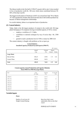 59
Production Function
The labour trouble in the first half of 1996-97 caused a fall in sale. It also resulted
in loss of production worth Rs. 180 crore which alone contributed between 50-
60% of the drop in profit.
The biggest textile plant at Chindwara in M.P. was closed from Sept ’96 to March
’97. Fall in production, besides other factor has been due to fall in labour productivity
because of labour-management relationships.
In a textile industry, labour is an important factor of production.
(3) Cement Industry
Today, India is the 4th largest producer of cement in the world with 106 large
plants belonging to 54 companies having an installed capacity of 105 m. tonnes
— employs a workforce of 1.3 lakhs.
— contributes to national exchequer by way of excise duty—Rs. 2500
crore.
— geared to reach a production level of 100 m. tonnes by 2000 A.D.
The cement industry is fraught with problems as far as inputs go.
CementIndustry
Installed Capacity, Productivity and Exports (1996-97)
(M. tonnes)
Install Cement Export
Cap. Pro. Cement Clinku
Large Plants
Mini & White 096.25 69.98 1.71 1.01
Cement Plants 009.00 06.24 – –
Total 105.25 76.22 1.71 1.01
Cement-capacity,CementProductivityandCapacityUtilization
from 1990-91 to 1996-96 (Large Plants)
Year Cap. Cement % Growth/
(Yr. end) Pro. Pro.
1990-91 59.12 45.75 -
1991-92 61.31 50.61 11
1992-93 64.94 50.72 -
1993-94 71.18 54.09 7
1994-95 77.99 58.35 8
1995-96 88.25 64.47 10
1996-97 96.25 69.98 9
Variable Inputs
Power
Quality of coal (cost of) these have had a most
freight, Cement Packing undesirable effect on the final
output
¯
POORQUALITYCEMENT
 