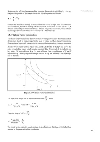 69
Production Function
By subtracting wL from both sides of the equation above and then dividing by r, we get
the general equation of the isocost line in the following more useful form:
w
r
L
Χ
= −
Ρ
Κ
where C/R is the vertical intercept of the isocost line and -w/r is its slope. Thus for C=100 units
and w=r=10 units, the vertical intercept is C/R = 100/10=K, and the slope is -w/r = –10/10 = –1. A
different total cost by the firm would define a different but parallel isocost line, while different
relative input prices would define an isocost line with a different slope.
6.5.4 Optimal Factor Combinations
The theory of production may be viewed from two angles which are dual to each other.
A firm may decide to produce a particular level of output and then attempt to minimize
the cost of total inputs or it may attempt to maximize its output subject to a cost constraint.
A firm spends money on two inputs only, X and Y. It decides its budget and knows the
price of each of the inputs which remains constant. If the firm spends all its budget it can
buy either OB units of input X or OA units of input Y or a combination of X and Y
represented by a point lying on the straight line AB in Fig. 6.8. The line AB is the budget
line of the firm.
Input Y
Input X
Figure 6.8: Optimum Factor Combination
The slope of the budget line on the isocost line will be
OA
OB
, where
Cost Cost
= and =
Price of Y Price of X
OA OB
=
Therefore, slope of
OA
OB
AB = −
X
Y
P
Price of X
Price of Y P
= − = −
The negative sign indicates negative slope. In absolute terms the slope of the budget line
is equal to the price ratio of the two inputs.
A
Y1
O
X1 B
E
 