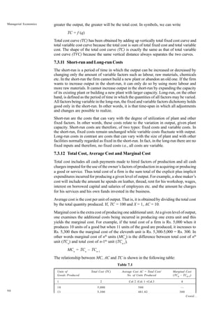 90
Managerial Economics greater the output, the greater will be the total cost. In symbols, we can write
TC = f (q)
Total cost curve (TC) has been obtained by adding up vertically total fixed cost curve and
total variable cost curve because the total cost is sum of total fixed cost and total variable
cost. The shape of the total cost curve (TC) is exactly the same as that of total variable
cost curve (TVC) because the same vertical distance always separates the two curves.
7.3.11 Short-run and Long-run Costs
The short-run is a period of time in which the output can be increased or decreased by
changing only the amount of variable factors such as labour, raw materials, chemicals
etc. In the short-run the firm cannot build a new plant or abandon an old one. If the firm
wants to increase output in the short-run, it can only do so by using more labour and
more raw materials. It cannot increase output in the short-run by expanding the capacity
of its existing plant or building a new plant with larger capacity. Long-run, on the other
hand, is defined as the period of time in which the quantities of all factors may be varied.
All factors being variable in the long-run, the fixed and variable factors dichotomy holds
good only in the short-run. In other words, it is that time-span in which all adjustments
and changes are possible to realize.
Short-run are the costs that can vary with the degree of utilization of plant and other
fixed factors. In other words, these costs relate to the variation in output, given plant
capacity. Short-run costs are therefore, of two types: fixed costs and variable costs. In
the short-run, fixed costs remain unchanged while variable costs fluctuate with output.
Long-run costs in contrast are costs that can vary with the size of plant and with other
facilities normally regarded as fixed in the short-run. In fact, in the long-run there are no
fixed inputs and therefore, no fixed costs i.e., all costs are variable.
7.3.12 Total Cost, Average Cost and Marginal Cost
Total cost includes all cash payments made to hired factors of production and all cash
charges imputed for the use of the owner’s factors of production in acquiring or producing
a good or service. Thus total cost of a firm is the sum total of the explicit plus implicit
expenditures incurred for producing a given level of output. For example, a shoe maker’s
cost will include the amount he spends on leather, thread, rent for his workshop, wages,
interest on borrowed capital and salaries of employees etc. and the amount he charges
for his services and his own funds invested in the business.
Average cost is the cost per unit of output. That is, it is obtained by dividing the total cost
by the total quantity produced. If, TC = 100 and X = 1, AC = 10.
Marginal cost is the extra cost of producing one additional unit. At a given level of output,
one examines the additional costs being incurred in producing one extra unit and this
yields the marginal cost. For example, if the total cost of a firm is Rs. 5,000 when it
produces 10 units of a good but when 11 units of the good are produced, it increases to
Rs. 5,300 then the marginal cost of the eleventh unit is Rs. 5,300-5,000 = Rs. 300. In
other words marginal cost of nth
units (MCn
) is the difference between total cost of nth
unit (TCn
) and total cost of n-1th
unit (TCn-1
),
MCn
= TCn
– TCn–1
The relationship between MC, AC and TC is shown in the following table:
Table 7.1
Units of Total Cost (TC) Average Cost AC = Total Cost/ Marginal Cost
Goods Produced No. of Units Produced (TCn – TCn-1)
1 2 Col 2 /Col. l =Col.3 4
10 5,000 500 —
11 5,300 481.82 300
Contd...
 