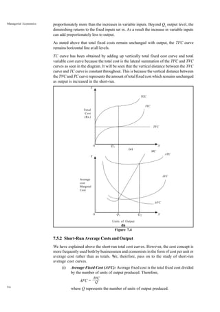 94
Managerial Economics proportionately more than the increases in variable inputs. Beyond Q1
output level, the
diminishing returns to the fixed inputs set in. As a result the increase in variable inputs
can add proportionately less to output.
As stated above that total fixed costs remain unchanged with output, the TFC curve
remains horizontal line at all levels.
TC curve has been obtained by adding up vertically total fixed cost curve and total
variable cost curve because the total cost is the lateral summation of the TFC and TVC
curves as seen in the diagram. It will be seen that the vertical distance between the TVC
curve and TC curve is constant throughout. This is because the vertical distance between
the TVC and TC curve represents the amount of total fixed cost which remains unchanged
as output is increased in the short-run.
Units of Output
(b)
Figure 7.4
7.5.2 Short-Run Average Costs and Output
We have explained above the short-run total cost curves. However, the cost concept is
more frequently used both by businessmen and economists in the form of cost per unit or
average cost rather than as totals. We, therefore, pass on to the study of short-run
average cost curves.
(i) Average Fixed Cost (AFC): Average fixed cost is the total fixed cost divided
by the number of units of output produced. Therefore,
AFC =
where Q represents the number of units of output produced.
Y
0 Q1 X
TFC
TVC
TCC
Total
Cost
(Rs.)
Average
cost
Marginal
Cost
Y
0 Q1 X
AFC
ATC
MC
Q2
AVC
(a)
TFC
Q
 