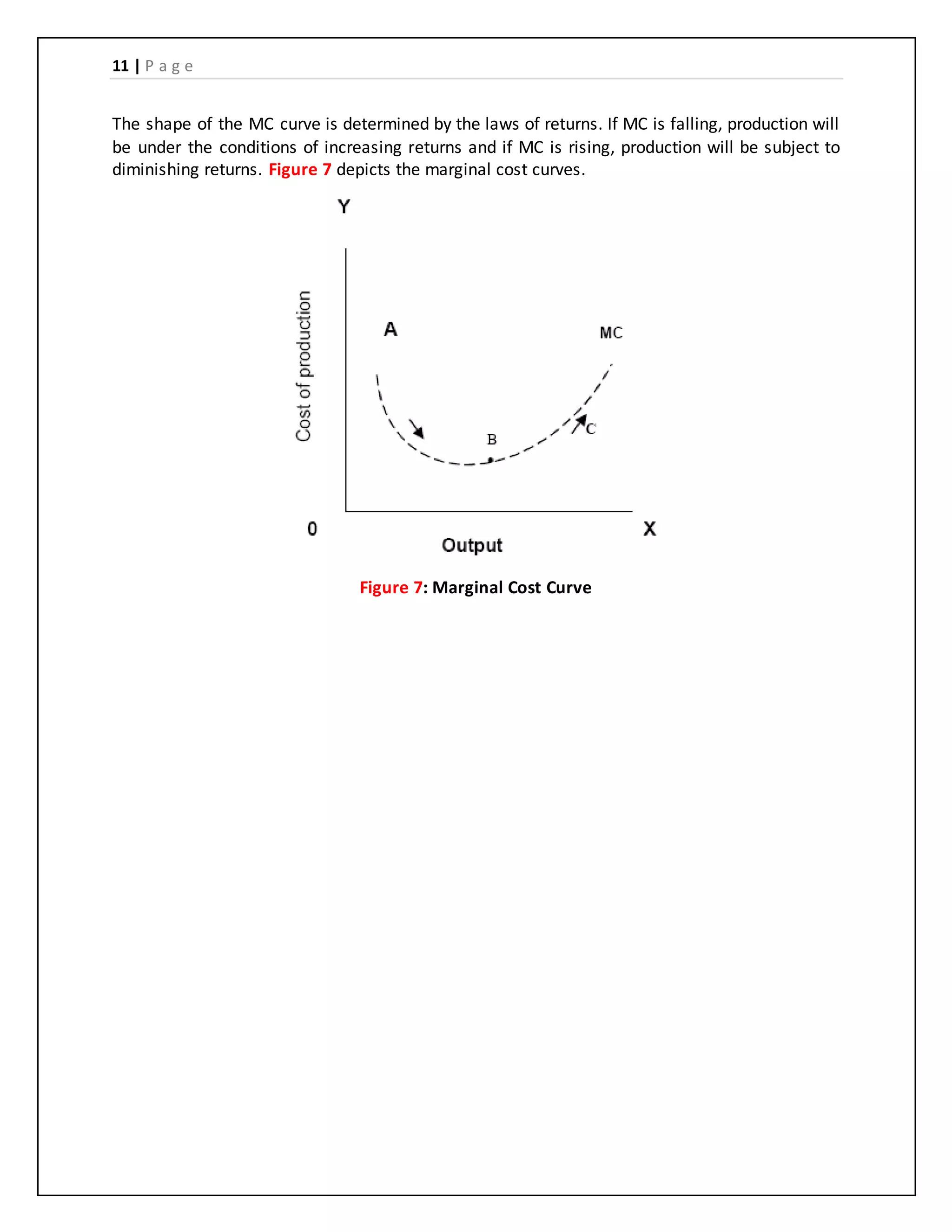 11 | P a g e
The shape of the MC curve is determined by the laws of returns. If MC is falling, production will
be under the conditions of increasing returns and if MC is rising, production will be subject to
diminishing returns. Figure 7 depicts the marginal cost curves.
Figure 7: Marginal Cost Curve
 