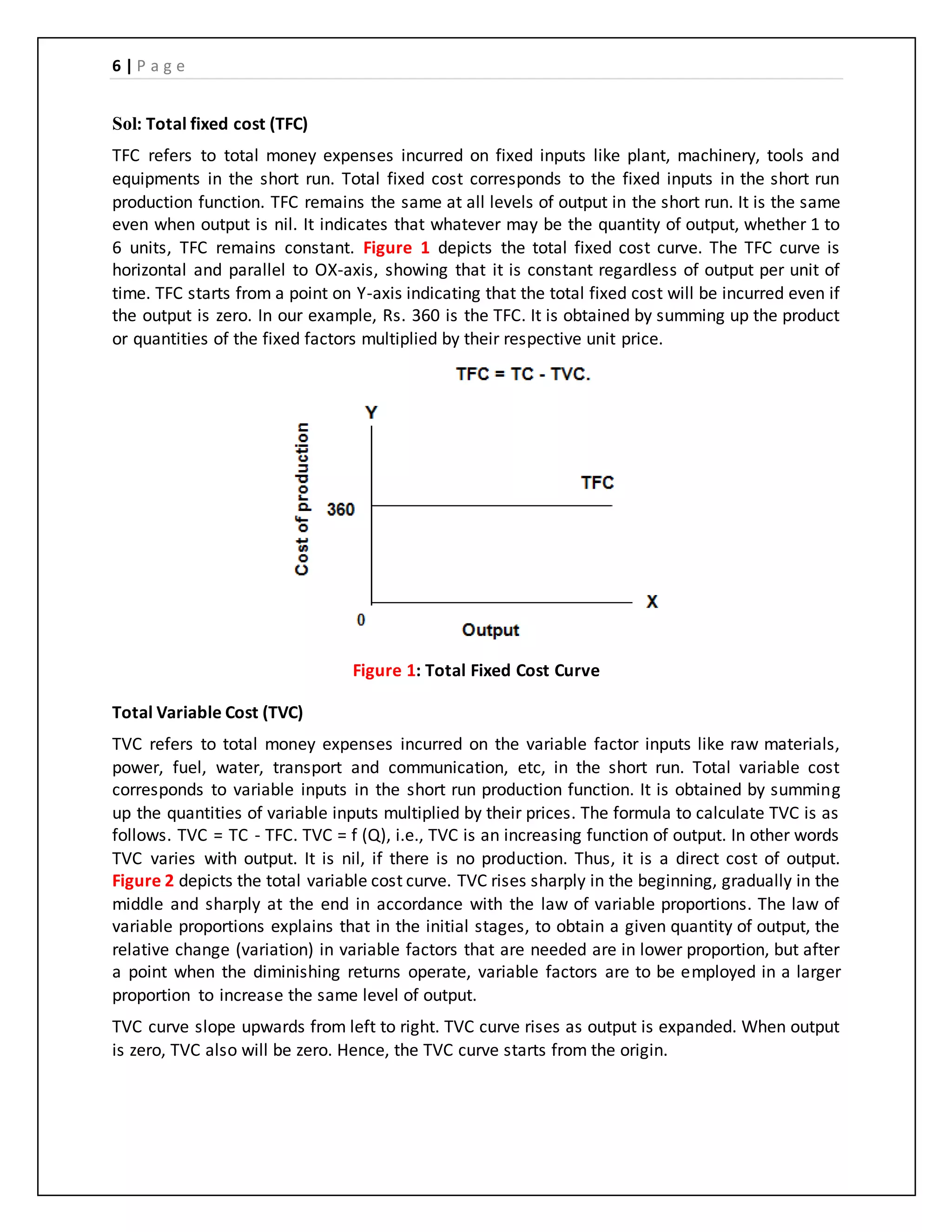 6 | P a g e
Sol: Total fixed cost (TFC)
TFC refers to total money expenses incurred on fixed inputs like plant, machinery, tools and
equipments in the short run. Total fixed cost corresponds to the fixed inputs in the short run
production function. TFC remains the same at all levels of output in the short run. It is the same
even when output is nil. It indicates that whatever may be the quantity of output, whether 1 to
6 units, TFC remains constant. Figure 1 depicts the total fixed cost curve. The TFC curve is
horizontal and parallel to OX-axis, showing that it is constant regardless of output per unit of
time. TFC starts from a point on Y-axis indicating that the total fixed cost will be incurred even if
the output is zero. In our example, Rs. 360 is the TFC. It is obtained by summing up the product
or quantities of the fixed factors multiplied by their respective unit price.
Figure 1: Total Fixed Cost Curve
Total Variable Cost (TVC)
TVC refers to total money expenses incurred on the variable factor inputs like raw materials,
power, fuel, water, transport and communication, etc, in the short run. Total variable cost
corresponds to variable inputs in the short run production function. It is obtained by summing
up the quantities of variable inputs multiplied by their prices. The formula to calculate TVC is as
follows. TVC = TC - TFC. TVC = f (Q), i.e., TVC is an increasing function of output. In other words
TVC varies with output. It is nil, if there is no production. Thus, it is a direct cost of output.
Figure 2 depicts the total variable cost curve. TVC rises sharply in the beginning, gradually in the
middle and sharply at the end in accordance with the law of variable proportions. The law of
variable proportions explains that in the initial stages, to obtain a given quantity of output, the
relative change (variation) in variable factors that are needed are in lower proportion, but after
a point when the diminishing returns operate, variable factors are to be employed in a larger
proportion to increase the same level of output.
TVC curve slope upwards from left to right. TVC curve rises as output is expanded. When output
is zero, TVC also will be zero. Hence, the TVC curve starts from the origin.
 