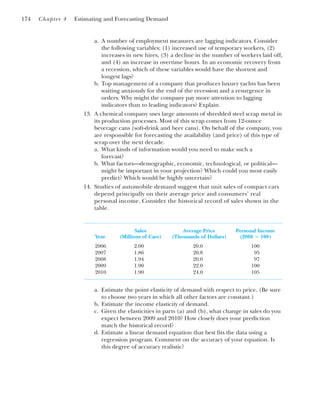 a. A number of employment measures are lagging indicators. Consider
the following variables: (1) increased use of temporary workers, (2)
increases in new hires, (3) a decline in the number of workers laid off,
and (4) an increase in overtime hours. In an economic recovery from
a recession, which of these variables would have the shortest and
longest lags?
b. Top management of a company that produces luxury yachts has been
waiting anxiously for the end of the recession and a resurgence in
orders. Why might the company pay more attention to lagging
indicators than to leading indicators? Explain.
13. A chemical company uses large amounts of shredded steel scrap metal in
its production processes. Most of this scrap comes from 12-ounce
beverage cans (soft-drink and beer cans). On behalf of the company, you
are responsible for forecasting the availability (and price) of this type of
scrap over the next decade.
a. What kinds of information would you need to make such a
forecast?
b. What factors—demographic, economic, technological, or political—
might be important in your projection? Which could you most easily
predict? Which would be highly uncertain?
14. Studies of automobile demand suggest that unit sales of compact cars
depend principally on their average price and consumers’ real
personal income. Consider the historical record of sales shown in the
table.
Sales Average Price Personal Income
Year (Millions of Cars) (Thousands of Dollars) (2006 ⫽ 100)
2006 2.00 20.0 100
2007 1.86 20.8 95
2008 1.94 20.0 97
2009 1.90 22.0 100
2010 1.90 24.0 105
a. Estimate the point elasticity of demand with respect to price. (Be sure
to choose two years in which all other factors are constant.)
b. Estimate the income elasticity of demand.
c. Given the elasticities in parts (a) and (b), what change in sales do you
expect between 2009 and 2010? How closely does your prediction
match the historical record?
d. Estimate a linear demand equation that best fits the data using a
regression program. Comment on the accuracy of your equation. Is
this degree of accuracy realistic?
174 Chapter 4 Estimating and Forecasting Demand
 