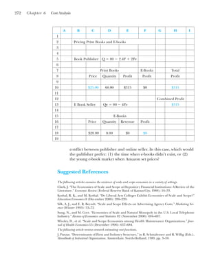 conflict between publisher and online seller. In this case, which would
the publisher prefer: (1) the time when e-books didn’t exist, or (2)
the young e-book market when Amazon set prices?
Suggested References
The following articles examine the existence of scale and scope economies in a variety of settings.
Clark, J. “The Economies of Scale and Scope at Depository Financial Institutions: A Review of the
Literature.” Economic Review (Federal Reserve Bank of Kansas City, 1988): 16–33.
Koshal, R. K., and M. Koshal. “Do Liberal Arts Colleges Exhibit Economies of Scale and Scope?”
Education Economics 8 (December 2000): 209–220.
Silk, A. J., and E. R. Berndt. “Scale and Scope Effects on Advertising Agency Costs.” Marketing Sci-
ence (Winter 1993): 53–72.
Sung, N., and M. Gort. “Economies of Scale and Natural Monopoly in the U.S. Local Telephone
Industry.” Review of Economics and Statistics 82 (November 2000): 694–697.
Wholey, D., et al. “Scale and Scope Economies among Health Maintenance Organizations.” Jour-
nal of Health Economics 15 (December 1996): 657–684.
The following article reviews research estimating cost functions.
J. Panzar. “Determinants of Firm and Industry Structure,” in R. Schmalensee and R. Willig (Eds.),
Handbook of Industrial Organization. Amsterdam: North-Holland, 1989, pp. 3–59.
272 Chapter 6 Cost Analysis
A B C D E F G H I
1
2 Pricing Print Books and E-books
3
4
5 Book Publisher Q ⫽ 80 ⫺ 2.4P ⫹ 2Pe
6
7 Print Books E-Books Total
8 Price Quantity Profit Profit Profit
9
10 $25.00 60.00 $315 $0 $315
11
12 Combined Profit
13 E Book Seller Qe ⫽ 80 ⫺ 4Pe $315
14
15 E-Books
16 Price Quantity Revenue Profit
17
18 $20.00 0.00 $0 $0
19
 