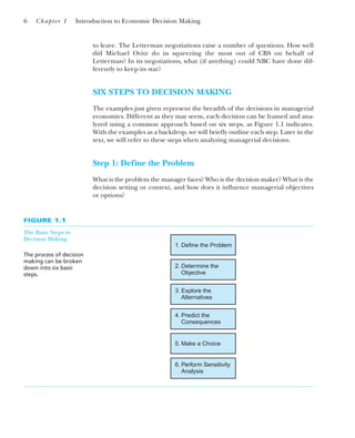 to leave. The Letterman negotiations raise a number of questions. How well
did Michael Ovitz do in squeezing the most out of CBS on behalf of
Letterman? In its negotiations, what (if anything) could NBC have done dif-
ferently to keep its star?
SIX STEPS TO DECISION MAKING
The examples just given represent the breadth of the decisions in managerial
economics. Different as they may seem, each decision can be framed and ana-
lyzed using a common approach based on six steps, as Figure 1.1 indicates.
With the examples as a backdrop, we will briefly outline each step. Later in the
text, we will refer to these steps when analyzing managerial decisions.
Step 1: Define the Problem
What is the problem the manager faces? Who is the decision maker? What is the
decision setting or context, and how does it influence managerial objectives
or options?
6 Chapter 1 Introduction to Economic Decision Making
FIGURE 1.1
The Basic Steps in
Decision Making
The process of decision
making can be broken
down into six basic
steps.
Determine the
Objective
Explore the
Alternatives
Predict the
Consequences
Make a Choice
Perform Sensitivity
Analysis
Define the Problem
1.
2.
3.
4.
5.
6.
 