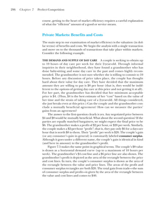 course, getting to the heart of market efficiency requires a careful explanation
of what the “efficient” amount of a good or service means.
Private Markets: Benefits and Costs
The main step in our examination of market efficiency is the valuation (in dol-
lar terms) of benefits and costs. We begin the analysis with a single transaction
and move on to the thousands of transactions that take place within markets.
Consider the following example.
THE DEMAND AND SUPPLY OF DAY CARE A couple is seeking to obtain up
to 10 hours of day care per week for their 2-year-old. Through informal
inquiries in their neighborhood, they have found a grandmother who has
done baby-sitting and some day care in the past and comes highly recom-
mended. The grandmother is not sure whether she is willing to commit to 10
hours. Before any discussion of price takes place, the couple has thought
hard about their value for day care. They have decided that the maximum
amount they are willing to pay is $8 per hour (that is, they would be indif-
ferent to the options of getting day care at this price and not getting it at all).
For her part, the grandmother has decided that her minimum acceptable
price is $4. (Thus, $4 is the best estimate of her “cost” based on the value of
her time and the strain of taking care of a 2-year-old. All things considered,
she just breaks even at this price.) Can the couple and the grandmother con-
clude a mutually beneficial agreement? How can we measure the parties’
gains from an agreement?
The answer to the first question clearly is yes. Any negotiated price between
$4 and $8 would be mutually beneficial. What about the second question? If the
parties are equally matched bargainers, we might expect the final price to be
$6. The grandmother makes a profit of $2 per hour, or $20 per week. Similarly,
the couple makes a $2-per-hour “profit”; that is, they pay only $6 for a day-care
hour that is worth $8 to them. Their “profit” per week is $20. The couple’s gain
(or any consumer’s gain in general) is customarily labeled consumer surplus.
Although it goes under a different name, the couple’s gain is identical in kind
(and here in amount) to the grandmother’s profit.
Figure 7.5 makes the same point in graphical terms. The couple’s $8 value
is drawn as a horizontal demand curve (up to a maximum of 10 hours per
week). The grandmother’s $4 cost line and a $6 price line are also shown. The
grandmother’s profit is depicted as the area of the rectangle between the price
and cost lines. In turn, the couple’s consumer surplus is shown as the area of
the rectangle between the value and price lines. The areas of the profit and
consumer surplus rectangles are both $20. The total gain from trade—the sum
of consumer surplus and profit—is given by the area of the rectangle between
the value and cost lines and comes to $40.
296 Chapter 7 Perfect Competition
 
