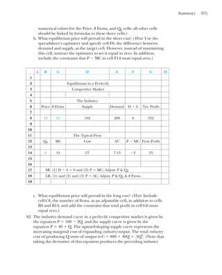 Summary 315
numerical values for the Price, # Firms, and QF cells; all other cells
should be linked by formulas to these three cells.)
b. What equilibrium price will prevail in the short run? (Hint: Use the
spreadsheet’s optimizer and specify cell F8, the difference between
demand and supply, as the target cell. However, instead of maximizing
this cell, instruct the optimizer to set it equal to zero. In addition,
include the constraint that P ⫺ MC in cell F14 must equal zero.)
A B C D E F G H
1
2 Equilibrium in a Perfectly
3 Competitive Market
4
5 The Industry
6 Price # Firms Supply Demand D ⫺ S Tot. Profit
7
8 10 24 192 200 8 552
9
10
11 The Typical Firm
12 QF MC Cost AC P ⫺ MC Firm Profit
13
14 8 12 57 7.13 ⫺2 23
15
16
17 SR: (1) D ⫺ S ⫽ 0 and (2) P ⫽ MC; Adjust: P & QF
18 LR: (1) and (2) and (3) P ⫽ AC; Adjust: P & QF & # Firms
19
c. What equilibrium price will prevail in the long run? (Hint: Include
cell C8, the number of firms, as an adjustable cell, in addition to cells
B8 and B14, and add the constraint that total profit in cell G8 must
equal zero.)
S2. The industry demand curve in a perfectly competitive market is given by
the equation P ⫽ 160 ⫺ 2Q, and the supply curve is given by the
equation P ⫽ 40 ⫹ Q. The upward-sloping supply curve represents the
increasing marginal cost of expanding industry output. The total industry
cost of producing Q units of output is C ⫽ 800 ⫹ 40Q ⫹ .5Q2
. (Note that
taking the derivative of this equation produces the preceding industry
 