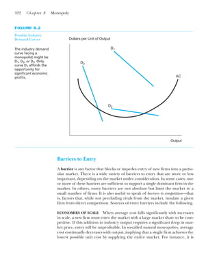 Barriers to Entry
A barrier is any factor that blocks or impedes entry of new firms into a partic-
ular market. There is a wide variety of barriers to entry that are more or less
important, depending on the market under consideration. In some cases, one
or more of these barriers are sufficient to support a single dominant firm in the
market. In others, entry barriers are not absolute but limit the market to a
small number of firms. It is also useful to speak of barriers to competition—that
is, factors that, while not precluding rivals from the market, insulate a given
firm from direct competition. Sources of entry barriers include the following.
ECONOMIES OF SCALE When average cost falls significantly with increases
in scale, a new firm must enter the market with a large market share to be com-
petitive. If this addition to industry output requires a significant drop in mar-
ket price, entry will be unprofitable. In so-called natural monopolies, average
cost continually decreases with output, implying that a single firm achieves the
lowest possible unit cost by supplying the entire market. For instance, it is
322 Chapter 8 Monopoly
FIGURE 8.2
Possible Industry
Demand Curves
The industry demand
curve facing a
monopolist might be
D1, D2, or D3. Only
curve D1 affords the
opportunity for
significant economic
profits.
Dollars per Unit of Output
D3
D1
D2
AC
Output
 