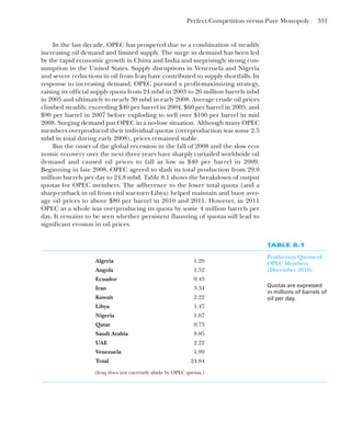 Perfect Competition versus Pure Monopoly 331
In the last decade, OPEC has prospered due to a combination of steadily
increasing oil demand and limited supply. The surge in demand has been led
by the rapid economic growth in China and India and surprisingly strong con-
sumption in the United States. Supply disruptions in Venezuela and Nigeria
and severe reductions in oil from Iraq have contributed to supply shortfalls. In
response to increasing demand, OPEC pursued a profit-maximizing strategy,
raising its official supply quota from 24 mbd in 2003 to 26 million barrels mbd
in 2005 and ultimately to nearly 30 mbd in early 2008. Average crude oil prices
climbed steadily, exceeding $40 per barrel in 2004, $60 per barrel in 2005, and
$90 per barrel in 2007 before exploding to well over $100 per barrel in mid
2008. Surging demand put OPEC in a no-lose situation. Although many OPEC
members overproduced their individual quotas (overproduction was some 2.5
mbd in total during early 2008), prices remained stable.
But the onset of the global recession in the fall of 2008 and the slow eco-
nomic recovery over the next three years have sharply curtailed worldwide oil
demand and caused oil prices to fall as low as $40 per barrel in 2009.
Beginning in late 2008, OPEC agreed to slash its total production from 29.0
million barrels per day to 24.8 mbd. Table 8.1 shows the breakdown of output
quotas for OPEC members. The adherence to the lower total quota (and a
sharp cutback in oil from civil war-torn Libya) helped maintain and buoy aver-
age oil prices to above $80 per barrel in 2010 and 2011. However, in 2011
OPEC as a whole was overproducing its quota by some 4 million barrels per
day. It remains to be seen whether persistent flaunting of quotas will lead to
significant erosion in oil prices.
TABLE 8.1
Production Quotas of
OPEC Members
(December 2010)
Quotas are expressed
in millions of barrels of
oil per day.
Algeria 1.20
Angola 1.52
Ecuador 0.43
Iran 3.34
Kuwait 2.22
Libya 1.47
Nigeria 1.67
Qatar 0.73
Saudi Arabia 8.05
UAE 2.22
Venezuela 1.99
Total 24.84
(Iraq does not currently abide by OPEC quotas.)
 