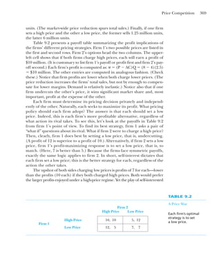 Price Competition 369
TABLE 9.2
A Price War
Each firm’s optimal
strategy is to set
a low price.
Firm 2
High Price Low Price
High Price 10, 10 5, 12
Firm 1
Low Price 12, 5 7, 7
units. (The market-wide price reduction spurs total sales.) Finally, if one firm
sets a high price and the other a low price, the former sells 1.25 million units,
the latter 6 million units.
Table 9.2 presents a payoff table summarizing the profit implications of
the firms’ different pricing strategies. Firm 1’s two possible prices are listed in
the first and second rows. Firm 2’s options head the two columns. The upper-
left cell shows that if both firms charge high prices, each will earn a profit of
$10 million. (It is customary to list firm 1’s payoff or profit first and firm 2’s pay-
off second.) Each firm’s profit is computed as: ␲ ⫽ (P ⫺ AC)Q ⫽ (8 ⫺ 4)(2.5)
⫽ $10 million. The other entries are computed in analogous fashion. (Check
these.) Notice that firm profits are lower when both charge lower prices. (The
price reduction increases the firms’ total sales, but not by enough to compen-
sate for lower margins. Demand is relatively inelastic.) Notice also that if one
firm undercuts the other’s price, it wins significant market share and, most
important, profit at the expense of the other.
Each firm must determine its pricing decision privately and independ-
ently of the other. Naturally, each seeks to maximize its profit. What pricing
policy should each firm adopt? The answer is that each should set a low
price. Indeed, this is each firm’s more profitable alternative, regardless of
what action its rival takes. To see this, let’s look at the payoffs in Table 9.2
from firm 1’s point of view. To find its best strategy, firm 1 asks a pair of
“what if” questions about its rival. What if firm 2 were to charge a high price?
Then, clearly, firm 1 does best by setting a low price, that is, undercutting.
(A profit of 12 is superior to a profit of 10.) Alternatively, if firm 2 sets a low
price, firm 1’s profit-maximizing response is to set a low price, that is, to
match. (Here, 7 is better than 5.) Because the firms face symmetric payoffs,
exactly the same logic applies to firm 2. In short, self-interest dictates that
each firm set a low price; this is the better strategy for each, regardless of the
action the other takes.
The upshot of both sides charging low prices is profits of 7 for each—lower
than the profits (10 each) if they both charged high prices. Both would prefer
the larger profits enjoyed under a high-price regime. Yet the play of self-interested
 