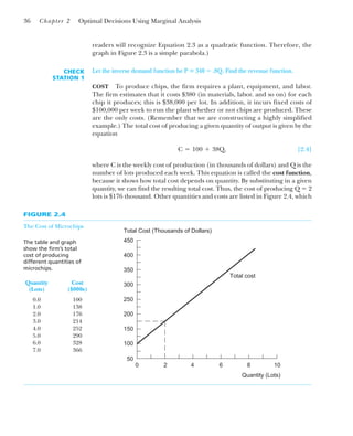 readers will recognize Equation 2.3 as a quadratic function. Therefore, the
graph in Figure 2.3 is a simple parabola.)
36 Chapter 2 Optimal Decisions Using Marginal Analysis
CHECK
STATION 1
Let the inverse demand function be P ⴝ 340 ⴚ .8Q. Find the revenue function.
COST To produce chips, the firm requires a plant, equipment, and labor.
The firm estimates that it costs $380 (in materials, labor. and so on) for each
chip it produces; this is $38,000 per lot. In addition, it incurs fixed costs of
$100,000 per week to run the plant whether or not chips are produced. These
are the only costs. (Remember that we are constructing a highly simplified
example.) The total cost of producing a given quantity of output is given by the
equation
[2.4]
where C is the weekly cost of production (in thousands of dollars) and Q is the
number of lots produced each week. This equation is called the cost function,
because it shows how total cost depends on quantity. By substituting in a given
quantity, we can find the resulting total cost. Thus, the cost of producing Q ⫽ 2
lots is $176 thousand. Other quantities and costs are listed in Figure 2.4, which
C ⫽ 100 ⫹ 38Q,
FIGURE 2.4
The Cost of Microchips
The table and graph
show the firm’s total
cost of producing
different quantities of
microchips.
Quantity Cost
(Lots) ($000s)
0.0 100
1.0 138
2.0 176
3.0 214
4.0 252
5.0 290
6.0 328
7.0 366
450
400
350
300
250
200
150
100
50
0 2 4 6 8 10
Total cost
Quantity (Lots)
Total Cost (Thousands of Dollars)
 
