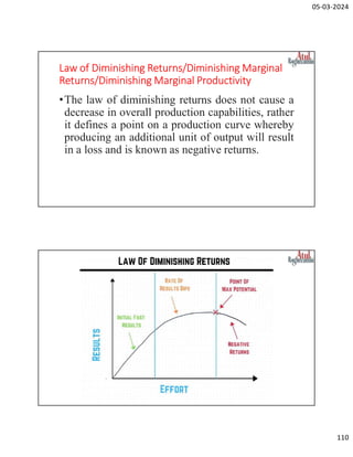 05-03-2024
110
Law of Diminishing Returns/Diminishing Marginal
Returns/Diminishing Marginal Productivity
•The law of diminishing returns does not cause a
decrease in overall production capabilities, rather
it defines a point on a production curve whereby
producing an additional unit of output will result
in a loss and is known as negative returns.
 