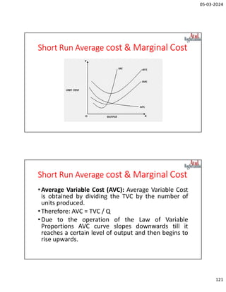 05-03-2024
121
Short Run Average cost & Marginal Cost
Short Run Average cost & Marginal Cost
•Average Variable Cost (AVC): Average Variable Cost
is obtained by dividing the TVC by the number of
units produced.
•Therefore: AVC = TVC / Q
•Due to the operation of the Law of Variable
Proportions AVC curve slopes downwards till it
reaches a certain level of output and then begins to
rise upwards.
 