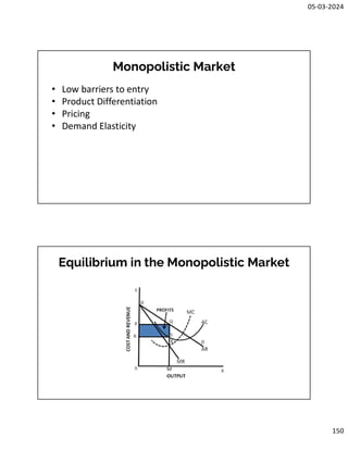 05-03-2024
150
Monopolistic Market
• Low barriers to entry
• Product Differentiation
• Pricing
• Demand Elasticity
Equilibrium in the Monopolistic Market
 
