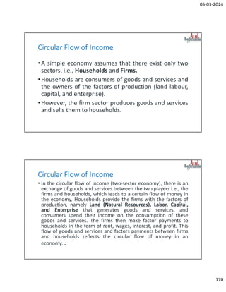 05-03-2024
170
Circular Flow of Income
•A simple economy assumes that there exist only two
sectors, i.e., Households and Firms.
•Households are consumers of goods and services and
the owners of the factors of production (land labour,
capital, and enterprise).
•However, the firm sector produces goods and services
and sells them to households.
Circular Flow of Income
• In the circular flow of income (two-sector economy), there is an
exchange of goods and services between the two players i.e., the
firms and households, which leads to a certain flow of money in
the economy. Households provide the firms with the factors of
production, namely Land (Natural Resources), Labor, Capital,
and Enterprise that generates goods and services, and
consumers spend their income on the consumption of these
goods and services. The firms then make factor payments to
households in the form of rent, wages, interest, and profit. This
flow of goods and services and factors payments between firms
and households reflects the circular flow of money in an
economy. .
 