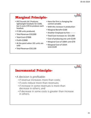 05-03-2024
21
Marginal Principle-
• XYZ Sounds Ltd. Produces
lightweight headsets for $100,
but it costs $70 to produce each
headset.
• If 100 units produced,
• Total Revenue=$10,000
• Total Cost=$7000
• Profit=$3000
• At the point when 101 units are
sold-
• Total Revenue=$10,100
• Here the firm is changing the
control variable.
• With this increase in production-
• Marginal Benefit=$100
• Another Employee to hire---------
• Total Cost Increases to- $15,000
• Cost of producing one unit=$149
• Marginal Cost of 100th unit=$70
• Marginal Cost of 101th
Unit=$149
Incremental Principle-
•A decision is profitable-
• if revenue increases more than costs;
• if costs reduce more than revenues;
• if increase in some revenues is more than
decrease in others; and
• if decrease in some costs is greater than increase
in others.
 