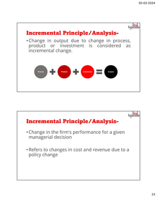 05-03-2024
23
Incremental Principle/Analysis-
•Change in output due to change in process,
product or investment is considered as
incremental change.
Process Product Investment Output
Incremental Principle/Analysis-
•Change in the firm's performance for a given
managerial decision
•Refers to changes in cost and revenue due to a
policy change
 