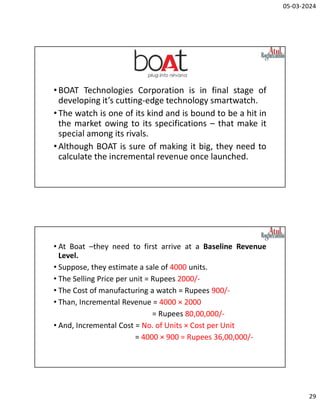05-03-2024
29
•BOAT Technologies Corporation is in final stage of
developing it’s cutting-edge technology smartwatch.
•The watch is one of its kind and is bound to be a hit in
the market owing to its specifications – that make it
special among its rivals.
•Although BOAT is sure of making it big, they need to
calculate the incremental revenue once launched.
• At Boat –they need to first arrive at a Baseline Revenue
Level.
• Suppose, they estimate a sale of 4000 units.
• The Selling Price per unit = Rupees 2000/-
• The Cost of manufacturing a watch = Rupees 900/-
• Than, Incremental Revenue = 4000 × 2000
= Rupees 80,00,000/-
• And, Incremental Cost = No. of Units × Cost per Unit
= 4000 × 900 = Rupees 36,00,000/-
 