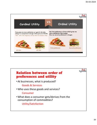 05-03-2024
39
Relation between order of
preferences and utility
•At businesses, what is produced?
Goods & Services
•Who uses these goods and services?
Consumer
•What does a consumer gets/derives from the
consumption of commodities?
Utility/Satisfaction
 