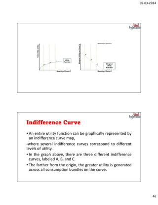 05-03-2024
46
Indifference Curve
• An entire utility function can be graphically represented by
an indifference curve map,
-where several indifference curves correspond to different
levels of utility.
• In the graph above, there are three different indifference
curves, labeled A, B, and C.
• The farther from the origin, the greater utility is generated
across all consumption bundles on the curve.
 
