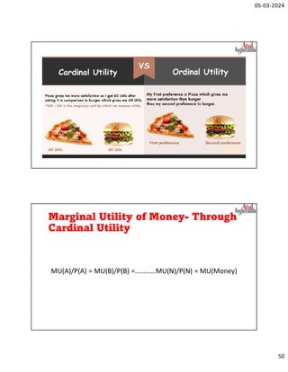 05-03-2024
50
Marginal Utility of Money- Through
Cardinal Utility
MU(A)/P(A) = MU(B)/P(B) =…………MU(N)/P(N) = MU(Money)
 