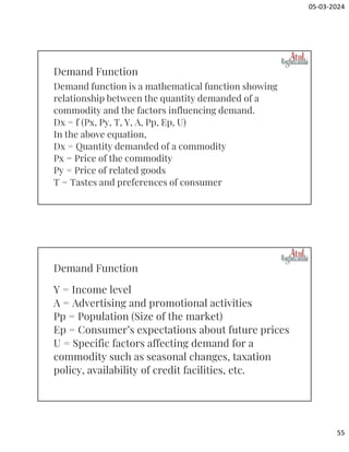 05-03-2024
55
Demand function is a mathematical function showing
relationship between the quantity demanded of a
commodity and the factors influencing demand.
Dx = f (Px, Py, T, Y, A, Pp, Ep, U)
In the above equation,
Dx = Quantity demanded of a commodity
Px = Price of the commodity
Py = Price of related goods
T = Tastes and preferences of consumer
Demand Function
Y = Income level
A = Advertising and promotional activities
Pp = Population (Size of the market)
Ep = Consumer’s expectations about future prices
U = Specific factors affecting demand for a
commodity such as seasonal changes, taxation
policy, availability of credit facilities, etc.
Demand Function
 