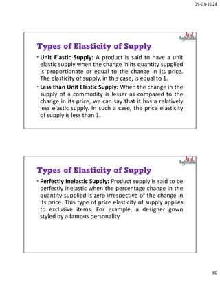 05-03-2024
80
Types of Elasticity of Supply
•Unit Elastic Supply: A product is said to have a unit
elastic supply when the change in its quantity supplied
is proportionate or equal to the change in its price.
The elasticity of supply, in this case, is equal to 1.
•Less than Unit Elastic Supply: When the change in the
supply of a commodity is lesser as compared to the
change in its price, we can say that it has a relatively
less elastic supply. In such a case, the price elasticity
of supply is less than 1.
Types of Elasticity of Supply
•Perfectly Inelastic Supply: Product supply is said to be
perfectly inelastic when the percentage change in the
quantity supplied is zero irrespective of the change in
its price. This type of price elasticity of supply applies
to exclusive items. For example, a designer gown
styled by a famous personality.
 