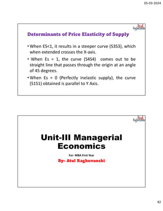 05-03-2024
82
Determinants of Price Elasticity of Supply
•When ES<1, it results in a steeper curve (S3S3), which
when extended crosses the X-axis.
• When Es = 1, the curve (S4S4) comes out to be
straight line that passes through the origin at an angle
of 45 degrees.
•When Es = 0 (Perfectly inelastic supply), the curve
(S1S1) obtained is parallel to Y Axis.
Unit-III Managerial
Economics
For- MBA First Year
By- Atul Raghuvanshi
 
