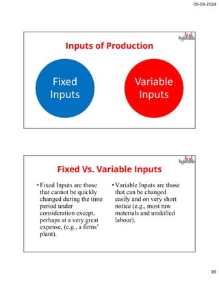 05-03-2024
89
Inputs of Production
Fixed
Inputs
Variable
Inputs
Fixed Vs. Variable Inputs
•Fixed Inputs are those
that cannot be quickly
changed during the time
period under
consideration except,
perhaps at a very great
expense, (e.g., a firms’
plant).
• Variable Inputs are those
that can be changed
easily and on very short
notice (e.g., most raw
materials and unskilled
labour).
 