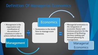 Definition Of Managerial Economics
• Management is the
organization and
coordination of
the activities of
a business in order to
achieve defined objectiv
e.
Management
• Economics is the study
how to manage scare
resources.
Economics
• Managerial economics is
the integration of
economic theory with
business practices for the
purpose of facilitating
decision making and
forward planning by
management.
Managerial
Economics
 