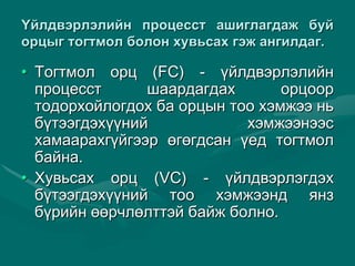 ¯éëäâýðëýëèéí ïðîöåññò àøèãëàãäàæ áóé
îðöûã òîãòìîë áîëîí õóâüñàõ ãýæ àíãèëäàã.
• Òîãòìîë îðö (FC) - ¿éëäâýðëýëèéí
ïðîöåññò øààðäàãäàõ îðöîîð
òîäîðõîéëîãäîõ áà îðöûí òîî õýìæýý íü
á¿òýýãäýõ¿¿íèé õýìæýýíýýñ
õàìààðàõã¿éãýýð ºãºãäñàí ¿åä òîãòìîë
áàéíà.
• Õóâüñàõ îðö (VC) - ¿éëäâýðëýãäýõ
á¿òýýãäýõ¿¿íèé òîî õýìæýýíä ÿíç
á¿ðèéí ººðчëºëòòýé áàéæ áîëíî.
 