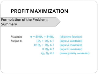 PROFIT MAXIMIZATION
Formulation of the Problem:
Summary
 
