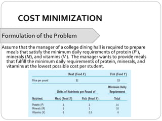 COST MINIMIZATION
Formulation of the Problem
Assume that the manager of a college dining hall is required to prepare
meals that satisfy the minimum daily requirements of protein (P ),
minerals (M), and vitamins (V ). The manager wants to provide meals
that fulfill the minimum daily requirements of protein, minerals, and
vitamins at the lowest possible cost per student.
 