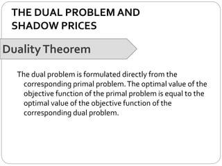 THE DUAL PROBLEM AND
SHADOW PRICES
DualityTheorem
The dual problem is formulated directly from the
corresponding primal problem.The optimal value of the
objective function of the primal problem is equal to the
optimal value of the objective function of the
corresponding dual problem.
 