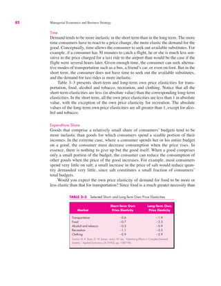 82 Managerial Economics and Business Strategy
Time
Demand tends to be more inelastic in the short term than in the long term. The more
time consumers have to react to a price change, the more elastic the demand for the
good. Conceptually, time allows the consumer to seek out available substitutes. For
example, if a consumer has 30 minutes to catch a flight, he or she is much less sen-
sitive to the price charged for a taxi ride to the airport than would be the case if the
flight were several hours later. Given enough time, the consumer can seek alterna-
tive modes of transportation such as a bus, a friend’s car, or even on foot. But in the
short term, the consumer does not have time to seek out the available substitutes,
and the demand for taxi rides is more inelastic.
Table 3–3 presents short-term and long-term own price elasticities for trans-
portation, food, alcohol and tobacco, recreation, and clothing. Notice that all the
short-term elasticities are less (in absolute value) than the corresponding long-term
elasticities. In the short term, all the own price elasticities are less than 1 in absolute
value, with the exception of the own price elasticity for recreation. The absolute
values of the long-term own price elasticities are all greater than 1, except for alco-
hol and tobacco.
Expenditure Share
Goods that comprise a relatively small share of consumers’ budgets tend to be
more inelastic than goods for which consumers spend a sizable portion of their
incomes. In the extreme case, where a consumer spends her or his entire budget
on a good, the consumer must decrease consumption when the price rises. In
essence, there is nothing to give up but the good itself. When a good comprises
only a small portion of the budget, the consumer can reduce the consumption of
other goods when the price of the good increases. For example, most consumers
spend very little on salt; a small increase in the price of salt would reduce quan-
tity demanded very little, since salt constitutes a small fraction of consumers’
total budgets.
Would you expect the own price elasticity of demand for food to be more or
less elastic than that for transportation? Since food is a much greater necessity than
TABLE 3–3 Selected Short- and Long-Term Own Price Elasticities
Short-Term Own Long-Term Own
Market Price Elasticity Price Elasticity
Transportation "0.6 "1.9
Food "0.7 "2.3
Alcohol and tobacco "0.3 "0.9
Recreation "1.1 "3.5
Clothing "0.9 "2.9
Source: M. R. Baye, D. W. Jansen, and J. W. Lee, “Advertising Effects in Complete Demand
Systems,” Applied Economics 24 (1992), pp. 1087–96.
 