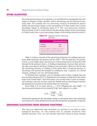 90 Managerial Economics and Business Strategy
Table 3–6 shows estimates of the advertising elasticities for clothing and recre-
ation. Both elasticities are positive and less than 1. The fact that they are positive
reveals, as you might expect, that increases in advertising lead to an increase in the
demand for the products; that is, if clothing manufacturers increase their advertis-
ing, they can expect to sell more clothing at any given price. However, the fact that
the advertising elasticity of clothing is 0.04 means that a 10 percent increase in
advertising will increase the demand for clothing by only .4 percent. As a broad
category, clothing is not very advertising elastic.
To illustrate how managers can use estimates such as these, imagine that you
have just been hired by the U.S. Department of Commerce to help direct the tourist
trade in the United States. Your boss knows you recently took a course in manage-
rial economics and asks you how much she should increase advertising to increase
the demand for recreation in the United States by 15 percent.
From Table 3–6, we know that Plugging this and
into the general formula for the elasticity of with respect to Ax yields
Solving this equation for the percentage change in advertising shows that advertising
must increase by a hefty 60 percent to increase the demand for recreation by 15 percent.
OBTAINING ELASTICITIES FROM DEMAND FUNCTIONS
Now that you understand what elasticities are and how to use them to make
managerial decisions, we will examine how to calculate elasticities from
demand functions. First, we will consider elasticities based on linear demand
0.25 !
%$Qx
d
%$Ax
!
15
%$Ax
Qx
d
%$Qx
d ! 15
EQx, Ax
! 0.25.
TABLE 3–6 Selected Long-Term Advertising
Elasticities
Advertising Elasticity
Clothing 0.04
Recreation 0.25
Source: M. R. Baye, D. W. Jansen, and J. W. Lee,
“Advertising Effects in Complete Demand Systems,”
Applied Economics 24 (1992), pp. 1087–96.
OTHER ELASTICITIES
Given the general notion of an elasticity, it is not difficult to conceptualize how the
impact of changes in other variables, such as advertising, may be analyzed in elas-
ticity terms. For example, the own advertising elasticity of demand for good X
defines the percentage change in the consumption of X that results from a given
percentage change in advertising spent on X. The cross-advertising elasticity
between goods X and Y would measure the percentage change in the consumption
of X that results from a given percentage change in advertising directed toward Y.
 