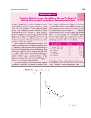 INSIDE BUSINESS 3–4
Shopping Online in Europe: Elasticities of Demand for Personal
Digital Assistants Based on Nonlinear Regression Techniques
Thanks to the Internet, consumers can let their mouse
do the shopping instead of paying bus fares or filling
their cars with gasoline to visit brick-and-mortar
stores. How responsive are the demands of online
shoppers to the prices charged by online retailers?
Recently, economists working at the Haas School of
Business at Berkeley, Cambridge University, and the
Kelley School of Business at Indiana University used
nonlinear regression techniques and online data from
Europe to answer this question.
The economists estimated demand functions for a
variety of different brands and models of personal digi-
tal assistants (PDAs) sold by different online retailers at
the leading European shopping site, Kelkoo.com. This
site permits shoppers in Europe to purchase a wide array
of products online, ranging from electronic gadgets to
vacuum cleaners and washing machines. While
Kelkoo.com may not be familiar to shoppers on the
American side of the pond, its parent company—
Yahoo!—is a household name worldwide.
The accompanying table summarizes the author’s
econometric estimates of the elasticity of demand facing
firms selling six different models of PDAs. Notice that
an online retailer selling the IPAQ 1940 faces the most
elastic demand ("14.7), while a firm selling the Clié
SJ22 faces the least elastic demand ("3.3). Depending
on the brand and model, an online retailer that reduced
price by 10 percent would enjoy a 33 to 147 percent
increase in online sales. The t-statistics all exceed 2 in
absolute value, which indicates that the estimates are
statistically significant at the 5 percent level.
Source: Michael R. Baye, J. Rupert J. Gatti, Paul Kattuman,
and John Morgan, “Clicks, Discontinuities, and Firm Demand
Online,” Cambridge University Working Paper, 2008.
Quantitative Demand Analysis 103
Brand/Model Elasticity t-statistic
HP Compaq IPAQ 1940 "14.7 "20.39
HP Compaq IPAQ 2210 "11.7 "10.54
Palm Tungsten T2 "6.1 "11.9
Palm Zire 71 "11.1 "11.47
Sony Clié NX73V "5.9 "10.82
Sony Clié SJ22 "3.3 "8.65
FIGURE 3–5 Log-Linear Regression Line
0
Price
Quantity
 