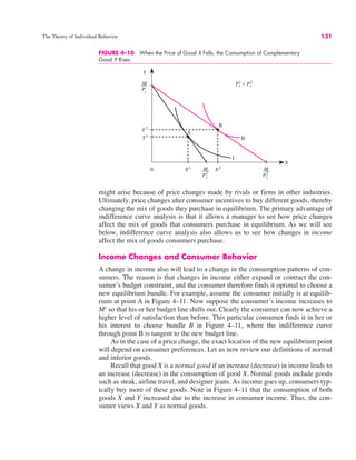 The Theory of Individual Behavior 131
might arise because of price changes made by rivals or firms in other industries.
Ultimately, price changes alter consumer incentives to buy different goods, thereby
changing the mix of goods they purchase in equilibrium. The primary advantage of
indifference curve analysis is that it allows a manager to see how price changes
affect the mix of goods that consumers purchase in equilibrium. As we will see
below, indifference curve analysis also allows us to see how changes in income
affect the mix of goods consumers purchase.
Income Changes and Consumer Behavior
A change in income also will lead to a change in the consumption patterns of con-
sumers. The reason is that changes in income either expand or contract the con-
sumer’s budget constraint, and the consumer therefore finds it optimal to choose a
new equilibrium bundle. For example, assume the consumer initially is at equilib-
rium at point A in Figure 4–11. Now suppose the consumer’s income increases to
M1
so that his or her budget line shifts out. Clearly the consumer can now achieve a
higher level of satisfaction than before. This particular consumer finds it in her or
his interest to choose bundle B in Figure 4–11, where the indifference curve
through point B is tangent to the new budget line.
As in the case of a price change, the exact location of the new equilibrium point
will depend on consumer preferences. Let us now review our definitions of normal
and inferior goods.
Recall that good X is a normal good if an increase (decrease) in income leads to
an increase (decrease) in the consumption of good X. Normal goods include goods
such as steak, airline travel, and designer jeans. As income goes up, consumers typ-
ically buy more of these goods. Note in Figure 4–11 that the consumption of both
goods X and Y increased due to the increase in consumer income. Thus, the con-
sumer views X and Y as normal goods.
FIGURE 4–10 When the Price of Good X Falls, the Consumption of Complementary
Good Y Rises
0
Y
X
Y2
X1
Y1
X2
A
B
>
M M
M
Py
Px
1 Px
2
Px
1 Px
2
 
