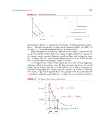 The Production Process and Costs 169
independent of the level of input usage. Specifically, for the linear production func-
tion Q ! aK + bL, the marginal rate of technical substitution is b/a, since MPL ! b
and MPK ! a. This is independent of the level of inputs utilized.
The Leontief production function, on the other hand, implies isoquants that are
L shaped, as in Figure 5–4(b). In this case, inputs must be used in fixed proportions;
the manager cannot substitute between capital and labor and maintain the same
level of output. For the Leontief production function there is no MRTS, because
there is no substitution among inputs along an isoquant.
For most production relations, the isoquants lie somewhere between the perfect-
substitute and fixed-proportions cases. In these instances, the inputs are substi-
tutable for one another, but not perfectly, and the rate at which a manager can
substitute among inputs will change along an isoquant. For instance, by moving
from point A to point B in Figure 5–5, the manager substitutes 1 unit of capital for
1 unit of labor and still produces 100 units of output. But in moving from point C to
FIGURE 5–4 Linear and Leontief Isoquants
0
K
L
Q0
Q1
Q2
0
K
L
Q0
Q1
Q2
(a) Linear (b) Leontief
FIGURE 5–5 The Marginal Rate of Technical Substitution
0
K
∆K = 3
∆K = 1
∆L = −1 ∆L = −1
A
1
4
4
2 7 8
1 3 5 6
L
2
3
5
6
7
8
9
Q0 = 100
B
C
D
1
1
1
3
∆K
∆L
Slope = = − = –MRTSKL
3
1
∆K
∆L
Slope = = − = –MRTSKL
1
1
⎫
⎬
⎭
⎫
⎬
⎭
⎫
⎬
⎭
⎫
⎬
⎭
 
