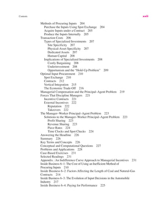 Contents xxiii
Methods of Procuring Inputs 204
Purchase the Inputs Using Spot Exchange 204
Acquire Inputs under a Contract 205
Produce the Inputs Internally 205
Transaction Costs 206
Types of Specialized Investments 207
Site Specificity 207
Physical-Asset Specificity 207
Dedicated Assets 207
Human Capital 208
Implications of Specialized Investments 208
Costly Bargaining 208
Underinvestment 208
Opportunism and the “Hold-Up Problem” 209
Optimal Input Procurement 210
Spot Exchange 210
Contracts 212
Vertical Integration 215
The Economic Trade-Off 216
Managerial Compensation and the Principal–Agent Problem 219
Forces That Discipline Managers 221
Incentive Contracts 221
External Incentives 222
Reputation 222
Takeovers 222
The Manager–Worker Principal–Agent Problem 223
Solutions to the Manager–Worker Principal–Agent Problem 223
Profit Sharing 223
Revenue Sharing 223
Piece Rates 224
Time Clocks and Spot Checks 224
Answering the Headline 226
Summary 226
Key Terms and Concepts 226
Conceptual and Computational Questions 227
Problems and Applications 228
Case-Based Exercises 231
Selected Readings 231
Appendix : An Indifference Curve Approach to Managerial Incentives 231
Inside Business 6–1: The Cost of Using an Inefficient Method of
Procuring Inputs 210
Inside Business 6–2: Factors Affecting the Length of Coal and Natural-Gas
Contracts 214
Inside Business 6–3: The Evolution of Input Decisions in the Automobile
Industry 217
Inside Business 6–4: Paying for Performance 225
 
