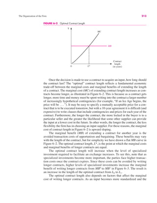 The Organization of the Firm 213
FIGURE 6–2 Optimal Contract Length
0
$
Contract
length
(in years)
L*
MC
MB
Once the decision is made to use a contract to acquire an input, how long should
the contract last? The “optimal” contract length reflects a fundamental economic
trade-off between the marginal costs and marginal benefits of extending the length
of a contract. The marginal cost (MC) of extending contract length increases as con-
tracts become longer, as illustrated in Figure 6–2. This is because as a contract gets
longer, more time and money must be spent writing into the contract a larger number
of increasingly hypothetical contingencies (for example, “If an Ice Age begins, the
price will be . . . ”). It may be easy to specify a mutually acceptable price for a con-
tract that is to be executed tomorrow, but with a 10-year agreement it is difficult (and
expensive) to write clauses that include contingencies and prices for each year of the
contract. Furthermore, the longer the contract, the more locked in the buyer is to a
particular seller and the greater the likelihood that some other supplier can provide
the input at a lower cost in the future. In other words, the longer the contract, the less
flexibility the firm has in choosing an input supplier. For these reasons, the marginal
cost of contract length in Figure 6–2 is upward sloping.
The marginal benefit (MB) of extending a contract for another year is the
avoided transaction costs of opportunism and bargaining. These benefits may vary
with the length of the contract, but for simplicity we have drawn a flat MB curve in
Figure 6–2. The optimal contract length, L*, is the point at which the marginal costs
and marginal benefits of longer contracts are equal.
The optimal contract length will increase when the level of specialized
investment required to facilitate an exchange increases. To see this, note that as
specialized investments become more important, the parties face higher transac-
tion costs once the contract expires. Since these costs can be avoided by writing
longer contracts, higher levels of specialized investments increase the marginal
benefit of writing longer contracts from MB0
to MB1
in Figure 6–3. The result is
an increase in the length of the optimal contract from L0 to L1.
The optimal contract length also depends on factors that affect the marginal
cost of writing longer contracts. As an input becomes more standardized and the
 