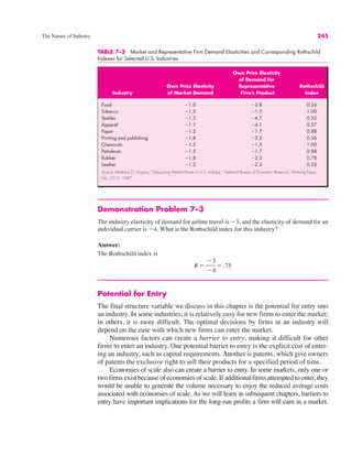 The Nature of Industry 245
TABLE 7–3 Market and Representative Firm Demand Elasticities and Corresponding Rothschild
Indexes for Selected U.S. Industries
Own Price Elasticity
of Demand for
Own Price Elasticity Representative Rothschild
Industry of Market Demand Firm’s Product Index
Food #1.0 #3.8 0.26
Tobacco #1.3 #1.3 1.00
Textiles #1.5 #4.7 0.32
Apparel #1.1 #4.1 0.27
Paper #1.5 #1.7 0.88
Printing and publishing #1.8 #3.2 0.56
Chemicals #1.5 #1.5 1.00
Petroleum #1.5 #1.7 0.88
Rubber #1.8 #2.3 0.78
Leather #1.2 #2.3 0.52
Source: Matthew D. Shapiro, “Measuring Market Power in U.S. Industry,” National Bureau of Economic Research, Working Paper
No. 2212, 1987.
Demonstration Problem 7–3
The industry elasticity of demand for airline travel is #3, and the elasticity of demand for an
individual carrier is #4. What is the Rothschild index for this industry?
Answer:
The Rothschild index is
Potential for Entry
The final structure variable we discuss in this chapter is the potential for entry into
an industry. In some industries, it is relatively easy for new firms to enter the market;
in others, it is more difficult. The optimal decisions by firms in an industry will
depend on the ease with which new firms can enter the market.
Numerous factors can create a barrier to entry, making it difficult for other
firms to enter an industry. One potential barrier to entry is the explicit cost of enter-
ing an industry, such as capital requirements. Another is patents, which give owners
of patents the exclusive right to sell their products for a specified period of time.
Economies of scale also can create a barrier to entry. In some markets, only one or
two firms exist because of economies of scale. If additional firms attempted to enter, they
would be unable to generate the volume necessary to enjoy the reduced average costs
associated with economies of scale. As we will learn in subsequent chapters, barriers to
entry have important implications for the long-run profits a firm will earn in a market.
R !
#3
#4
! .75
 