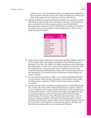 The Nature of Industry 261
software used by the entertainment industry to produce special effects like
those featured in the film Jurassic Park. Silicon Graphics has a 90 percent
share of the market for the workstations that run such software.
15. Nationwide Bank has approached Hometown Bank with a proposal to merge.
The following table lists the sales of the banks in the area. Use this informa-
tion to calculate the four-firm concentration ratio and the Herfindahl-
Hirschman index. Based on the FTC and DOJ Horizontal Merger Guidelines
described in the text, do you think the Justice Department is likely to chal-
lenge the proposed merger?
Sales
Bank Name (in millions)
MegaBank $900
City Bank 850
Nationwide Bank 735
Atlantic Savings 555
Bulk Bank 345
Metropolitan Bank 340
American Bank 265
Hometown Bank 120
Urban Bank 90
16. Suppose Fiat recently entered into an Agreement and Plan of Merger with Case
for $4.3 billion. Prior to the merger, the market for four-wheel-drive tractors
consisted of five firms. The market was highly concentrated, with a Herfindahl-
Hirschman index of 3,025. Case’s share of that market was 27 percent, while
Fiat comprised just 13 percent of the market. If approved, by how much
would the postmerger Herfindahl-Hirschman index increase? Based only on
this information, do you think the Justice Department would challenge the
merger? Explain.
17. Use the estimated elasticities in Table 7–4 to calculate the Rothschild index
for each industry. Based on these calculations, which industry most closely
resembles perfect competition? Which industry most closely resembles
monopoly?
18. Several years ago, Pfizer and Warner-Lambert agreed to a $90 billion merger,
thus creating one of the world’s largest pharmaceutical companies. Pharma-
ceutical companies tend to spend a greater percentage of sales on R&D activi-
ties than other industries. The government encourages these R&D activities
by granting companies patents for drugs approved by the Federal Drug
Administration. For instance, Pfizer-Warner-Lambert spent large sums of
money developing its popular cholesterol-lowering drug, Lipitor, which is
currently protected under a patent. Lipitor sells for about $3 per pill. Calculate
the Lerner index if the marginal cost of producing Lipitor is $0.30 per pill.
Does the Lerner index make sense in this situation? Explain.
 