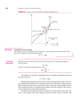 0 Firm’s output
$
Q*
A
E
B
Profit-maximizing
output
Slope of R = MR = P
R = P " Q
Revenue
C (Q)
Costs
Maximum
profits
Slope of C(Q) = MC
FIGURE 8–2 Revenue, Costs, and Profits for a Perfectly Competitive Firm
268 Managerial Economics and Business Strategy
The profits of a perfectly competitive firm are simply the difference between
revenues and costs:
Geometrically, profits are given by the vertical distance between the cost func-
tion, labeled C(Q) in Figure 8–2, and the revenue line. Note that for output levels to
the left of point A, the cost curve lies above the revenue line, which implies that the
firm would incur losses if it produced any output to the left of point A. The same is
true of output levels to the right of point B.
For output levels between points A and B, the revenue line lies above the cost
curve. This implies that these outputs generate positive levels of profit. The
# ! PQ $ C(Q)
A Calculus
Alternative
Marginal revenue is the derivative of the revenue function. For a perfectly competitive
firm, revenue is
where P is the market equilibrium price. Thus,
MR !
dR
dQ
! P
R ! PQ
Principle Competitive Firm’s Demand
The demand curve for a competitive firm’s product is a horizontal line at the market price. This
price is the competitive firm’s marginal revenue.
Df ! P ! MR
 