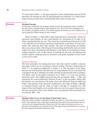 22 Managerial Economics and Business Strategy
of 1 unit of Q in Table 1–1. By increasing Q to 2 units, total benefits increase by 80
and total costs increase by only 20. Increasing the use of Q from 1 to 2 units is prof-
itable, because it adds more to total benefits than it does to total costs.
Principle Marginal Value Curves Are the Slopes of Total Value Curves
When the control variable is infinitely divisible, the slope of a total value curve at a given
point is the marginal value at that point. In particular, the slope of the total benefit curve at
a given Q is the marginal benefit of that level of Q. The slope of the total cost curve at a
given Q is the marginal cost of that level of Q. The slope of the net benefit curve at a given
Q is the marginal net benefit of that level of Q.
Principle Marginal Principle
To maximize net benefits, the manager should increase the managerial control variable to
the point where marginal benefits equal marginal costs. This level of the managerial con-
trol variable corresponds to the level at which marginal net benefits are zero; nothing more
can be gained by further changes in that variable.
Notice in Table 1–1 that while 5 units of Q maximizes net benefits, it does not
maximize total benefits. In fact, total benefits are maximized at 10 units of Q,
where marginal benefits are zero. The reason the net-benefit-maximizing level of Q
is less than the level of Q that maximizes total benefits is that there are costs asso-
ciated with achieving more total benefits. The goal of maximizing net benefits
takes costs into account, while the goal of maximizing total benefits does not. In the
context of a firm, maximizing total benefits is equivalent to maximizing revenues
without regard for costs. In the context of studying for an exam, maximizing total
benefits requires studying until you maximize your grade, regardless of how much
it costs you to study.
Continuous Decisions
The basic principles for making decisions when the control variable is discrete
also apply to the case of a continuous control variable. The basic relationships in
Table 1–1 are depicted graphically in Figure 1–2. The top panel of the figure
presents the total benefits and total costs of using different levels of Q under the
assumption that Q is infinitely divisible (instead of allowing the firm to produce
soft drinks only in one-gallon containers as in Table 1–1, it can now produce
fractional units). The middle panel presents the net benefits, B(Q) $ C(Q), and
represents the vertical difference between B and C in the top panel. Notice that
net benefits are maximized at the point where the difference between B(Q) and
C(Q) is the greatest in the top panel. Furthermore, the slope of B(Q) is &B/&Q,
or marginal benefit, and the slope of C(Q) is &C/&Q, or marginal cost. The
slopes of the total benefits curve and the total cost curve are equal when net ben-
efits are maximized. This is just another way of saying that when net benefits are
maximized, MB " MC.
 