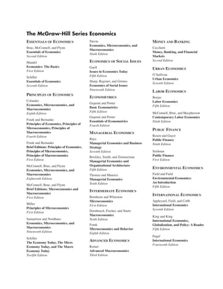 The McGraw-Hill Series Economics
ESSENTIALS OF ECONOMICS
Brue, McConnell, and Flynn
Essentials of Economics
Second Edition
Mandel
Economics: The Basics
First Edition
Schiller
Essentials of Economics
Seventh Edition
PRINCIPLES OF ECONOMICS
Colander
Economics, Microeconomics, and
Macroeconomics
Eighth Edition
Frank and Bernanke
Principles of Economics, Principles of
Microeconomics, Principles of
Macroeconomics
Fourth Edition
Frank and Bernanke
Brief Editions: Principles of Economics,
Principles of Microeconomics,
Principles of Macroeconomics
First Edition
McConnell, Brue, and Flynn
Economics, Microeconomics, and
Macroeconomics
Eighteenth Edition
McConnell, Brue, and Flynn
Brief Editions: Microeconomics and
Macroeconomics
First Edition
Miller
Principles of Microeconomics
First Edition
Samuelson and Nordhaus
Economics, Microeconomics, and
Macroeconomics
Nineteenth Edition
Schiller
The Economy Today, The Micro
Economy Today, and The Macro
Economy Today
Twelfth Edition
Slavin
Economics, Microeconomics, and
Macroeconomics
Ninth Edition
ECONOMICS OF SOCIAL ISSUES
Guell
Issues in Economics Today
Fifth Edition
Sharp, Register, and Grimes
Economics of Social Issues
Nineteenth Edition
ECONOMETRICS
Gujarati and Porter
Basic Econometrics
Fifth Edition
Gujarati and Porter
Essentials of Econometrics
Fourth Edition
MANAGERIAL ECONOMICS
Baye
Managerial Economics and Business
Strategy
Seventh Edition
Brickley, Smith, and Zimmerman
Managerial Economics and
Organizational Architecture
Fifth Edition
Thomas and Maurice
Managerial Economics
Tenth Edition
INTERMEDIATE ECONOMICS
Bernheim and Whinston
Microeconomics
First Edition
Dornbusch, Fischer, and Startz
Macroeconomics
Tenth Edition
Frank
Microeconomics and Behavior
Eighth Edition
ADVANCED ECONOMICS
Romer
Advanced Macroeconomics
Third Edition
MONEY AND BANKING
Cecchetti
Money, Banking, and Financial
Markets
Second Edition
URBAN ECONOMICS
O’Sullivan
Urban Economics
Seventh Edition
LABOR ECONOMICS
Borjas
Labor Economics
Fifth Edition
McConnell, Brue, and Macpherson
Contemporary Labor Economics
Ninth Edition
PUBLIC FINANCE
Rosen and Gayer
Public Finance
Ninth Edition
Seidman
Public Finance
First Edition
ENVIRONMENTAL ECONOMICS
Field and Field
Environmental Economics:
An Introduction
Fifth Edition
INTERNATIONAL ECONOMICS
Appleyard, Field, and Cobb
International Economics
Seventh Edition
King and King
International Economics,
Globalization, and Policy: A Reader
Fifth Edition
Pugel
International Economics
Fourteenth Edition
 
