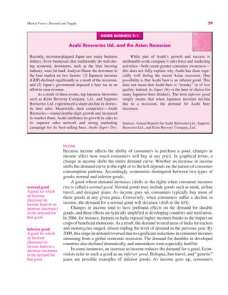 INSIDE BUSINESS 2–1
Asahi Breweries Ltd. and the Asian Recession
Recently, recession-plagued Japan saw many business
failures. Even businesses that traditionally do well dur-
ing economic downturns, such as the beer brewing
industry, were hit hard. Analysts blame the downturn in
the beer market on two factors: (1) Japanese incomes
(GDP) declined significantly as a result of the recession,
and (2) Japan’s government imposed a beer tax in an
effort to raise revenue.
As a result of these events, top Japanese breweries
such as Kirin Brewery Company, Ltd., and Sapporo
Breweries Ltd. experienced a sharp decline in domes-
tic beer sales. Meanwhile, their competitor—Asahi
Breweries—touted double-digit growth and increased
its market share. Asahi attributes its growth in sales to
its superior sales network and strong marketing
campaign for its best-selling beer, Asahi Super Dry.
While part of Asahi’s growth and success is
attributable to the company’s sales force and marketing
activities—both create greater consumer awareness—
this does not fully explain why Asahi has done espe-
cially well during the recent Asian recession. One
possibility is that Asahi beer is an inferior good. This
does not mean that Asahi beer is “skunky” or of low
quality; indeed, its Super Dry is the beer of choice for
many Japanese beer drinkers. The term inferior good
simply means that when Japanese incomes decline
due to a recession, the demand for Asahi beer
increases.
Sources: Annual Reports for Asahi Breweries Ltd., Sapporo
Breweries Ltd., and Kirin Brewery Company, Ltd.
Market Forces: Demand and Supply 39
normal good
A good for which
an increase
(decrease) in
income leads to an
increase (decrease)
in the demand for
that good.
inferior good
A good for which
an increase
(decrease) in
income leads to a
decrease (increase)
in the demand for
that good.
Income
Because income affects the ability of consumers to purchase a good, changes in
income affect how much consumers will buy at any price. In graphical terms, a
change in income shifts the entire demand curve. Whether an increase in income
shifts the demand curve to the right or to the left depends on the nature of consumer
consumption patterns. Accordingly, economists distinguish between two types of
goods: normal and inferior goods.
A good whose demand increases (shifts to the right) when consumer incomes
rise is called a normal good. Normal goods may include goods such as steak, airline
travel, and designer jeans: As income goes up, consumers typically buy more of
these goods at any given price. Conversely, when consumers suffer a decline in
income, the demand for a normal good will decrease (shift to the left).
Changes in income tend to have profound effects on the demand for durable
goods, and these effects are typically amplified in developing countries and rural areas.
In 2004, for instance, farmers in India enjoyed higher incomes thanks to the impact on
crops of beneficial monsoons.As a result, the demand in rural areas of India for tractors
and motorcycles surged, almost tripling the level of demand in the previous year. By
2009, this surge in demand reversed due to significant reductions in consumer incomes
stemming from a global economic recession. The demand for durables in developed
countries also declined dramatically, and automakers were especially hard hit.
In some instances, an increase in income reduces the demand for a good. Econ-
omists refer to such a good as an inferior good. Bologna, bus travel, and “generic”
jeans are possible examples of inferior goods. As income goes up, consumers
 